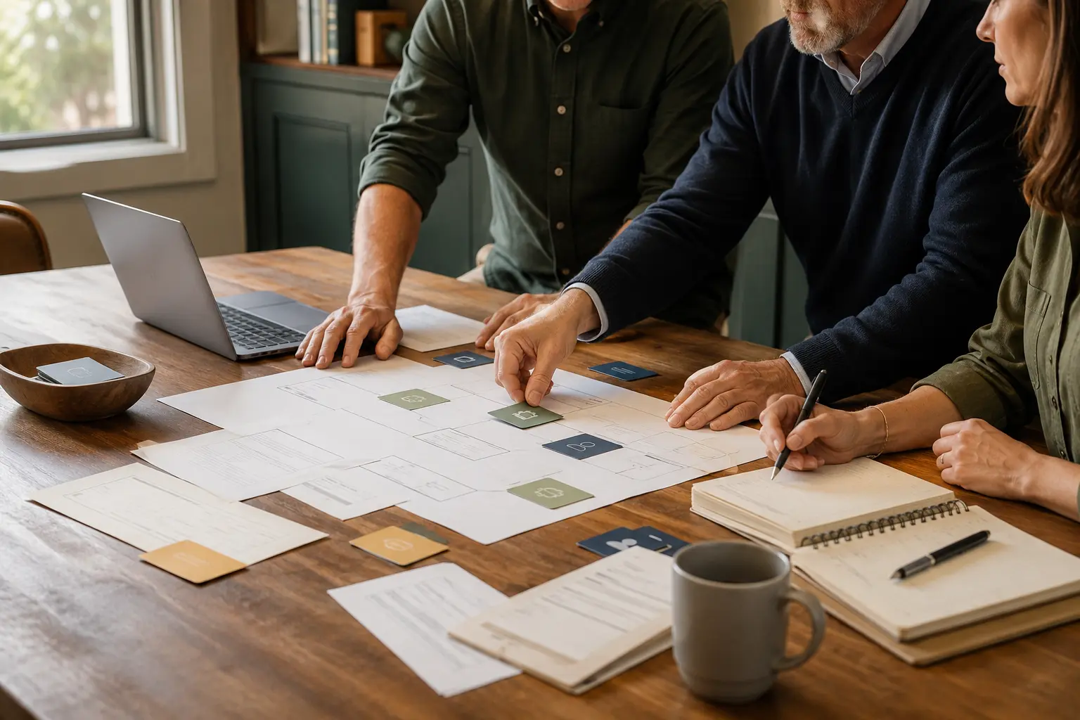 Business owners mapping a working process together around a table